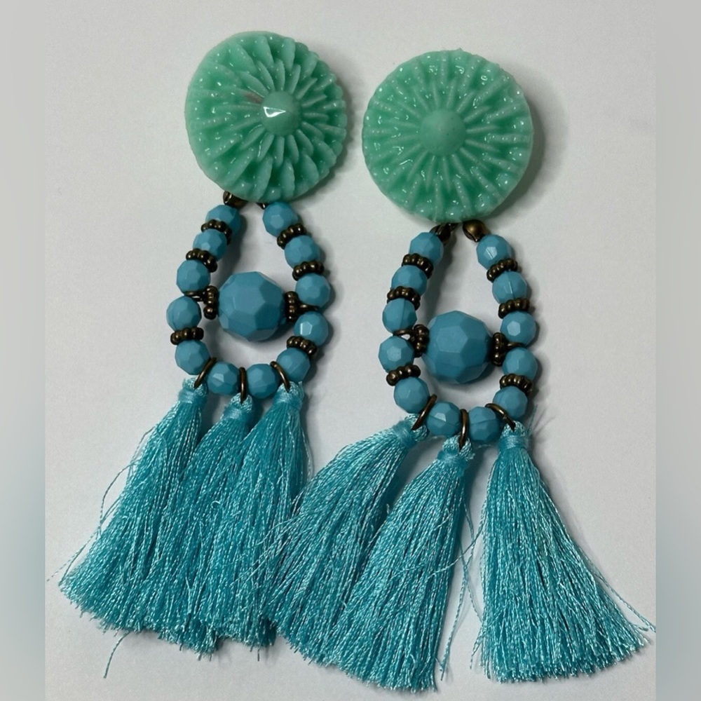 Turquoise Beaded Tassel Earrings